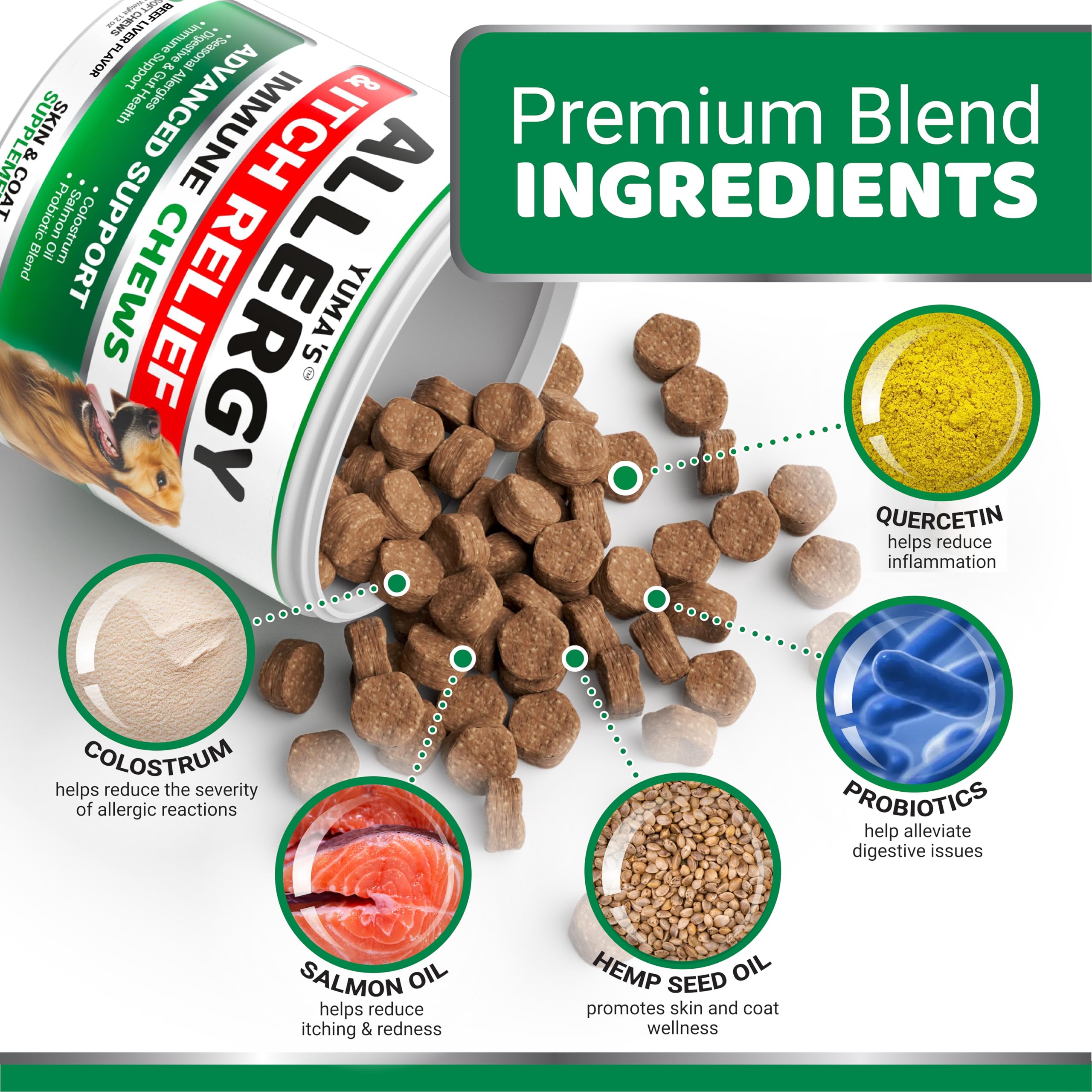 YUMA'S Dog Allergy Relief Chews ingredients label informs customers about nutrients supporting skin health