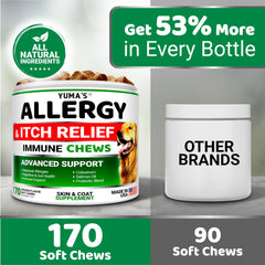 YUMA'S dog allergy relief chews label closeup highlights omega-3 and vitamins