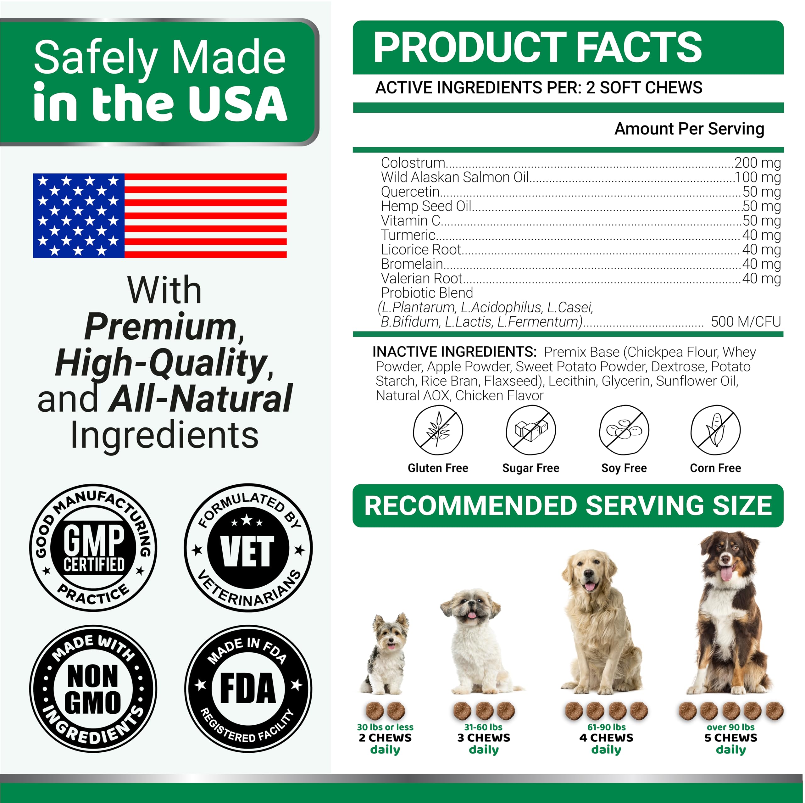 YUMA'S dog allergy relief chews bottle with ingredients panel signals USA made quality