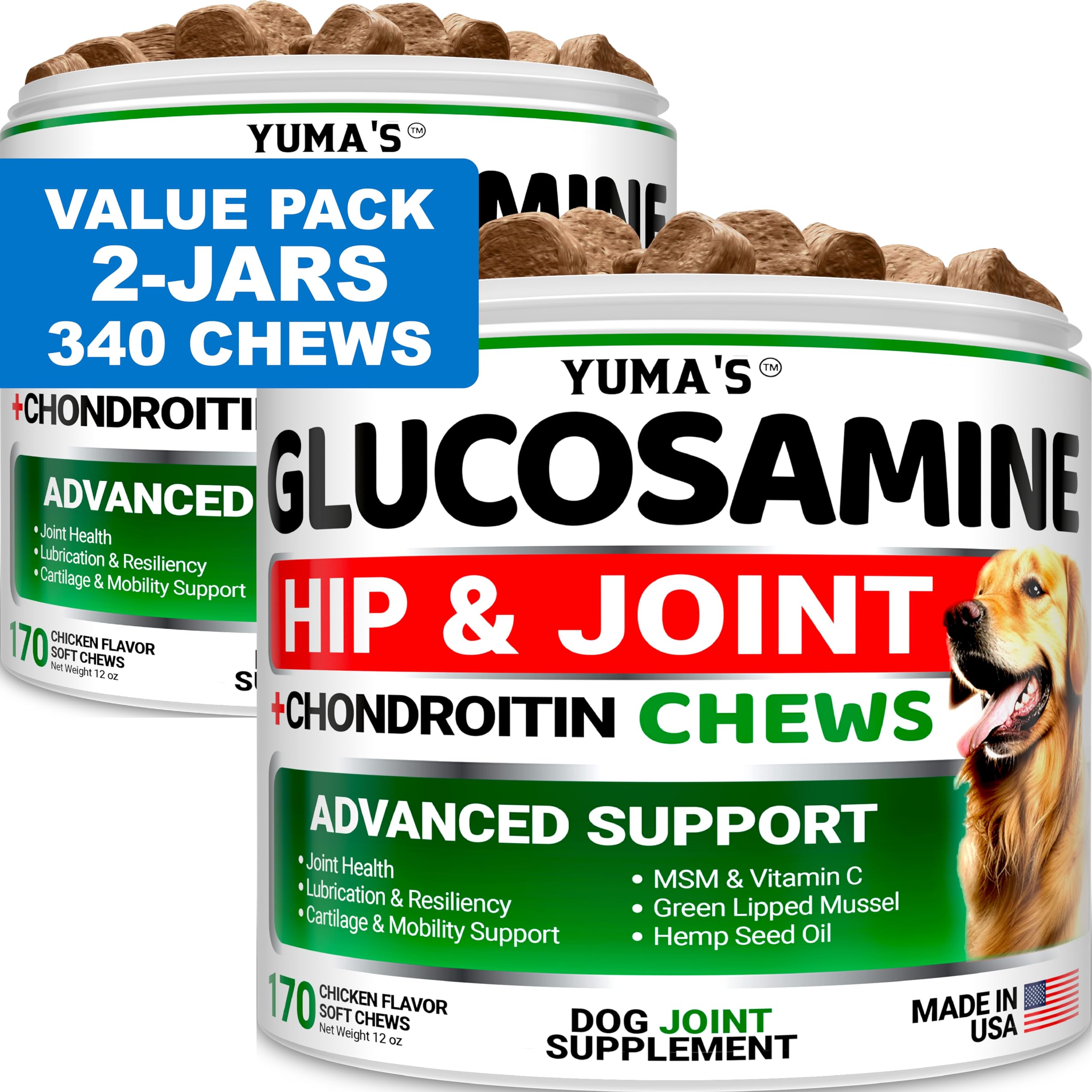 YUMA'S glucosamine chews bottle close-up showing joint support for mobility.