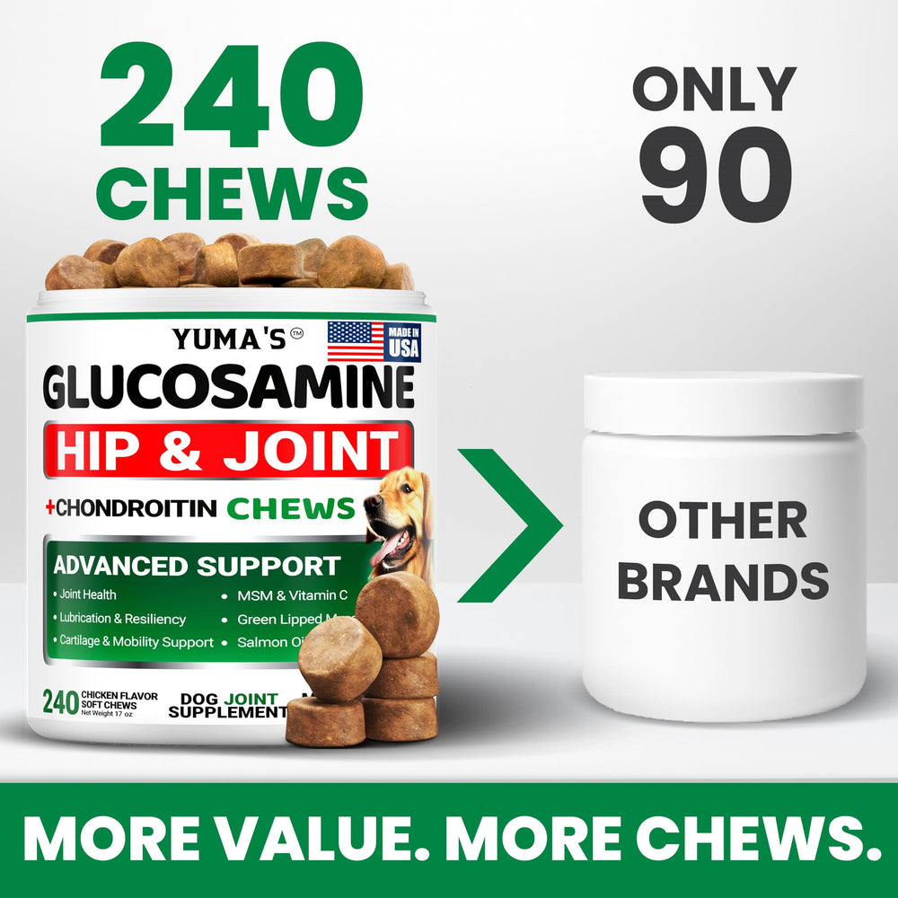 YUMA'S dog joint supplement image highlights glucosamine, chondroitin, MSM for mobility.