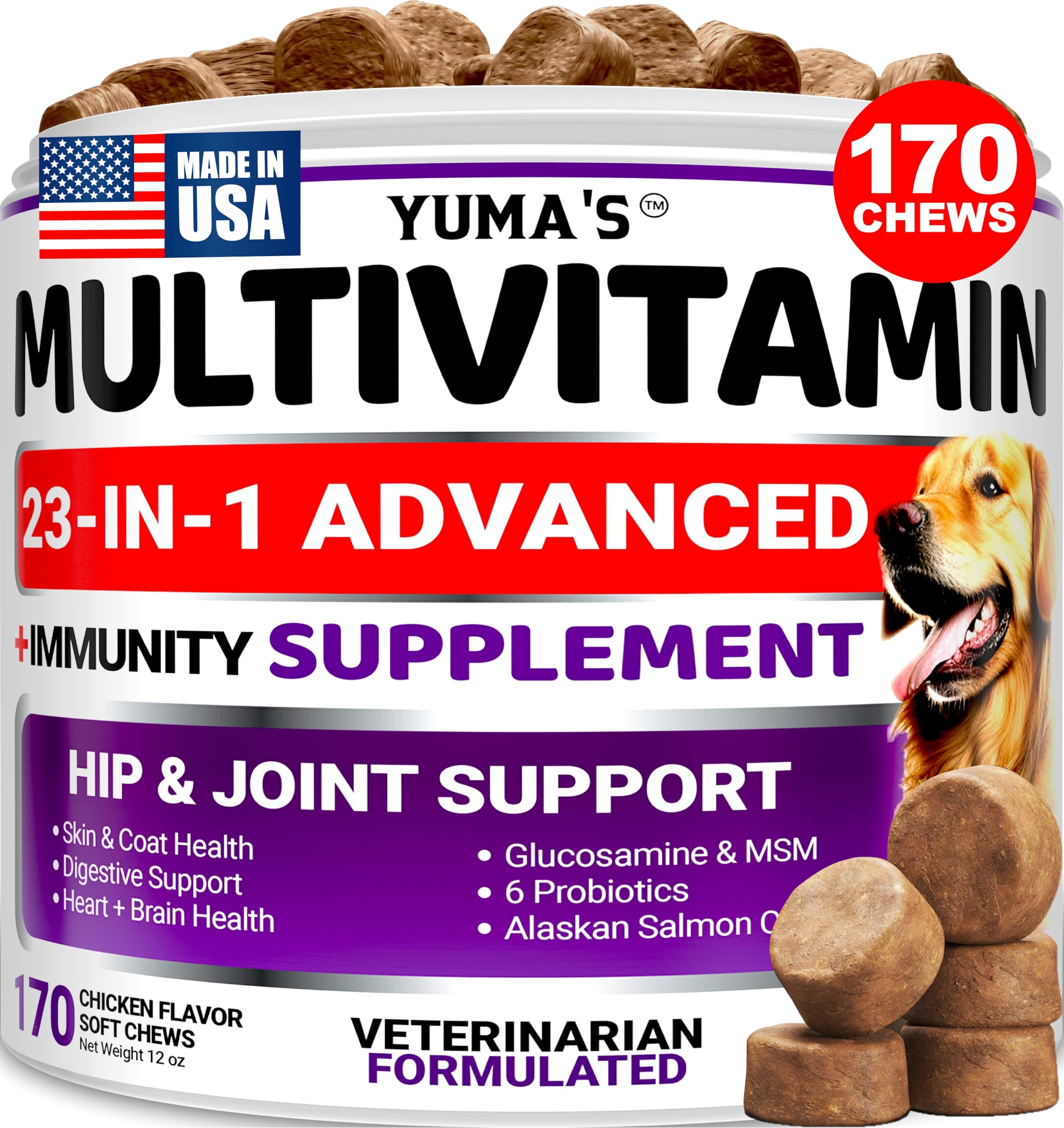 YUMA'S dog multivitamin chews with glucosamine in a bottle for joint support.