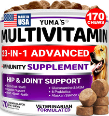 YUMA'S dog multivitamin chews with glucosamine in a bottle for joint support.