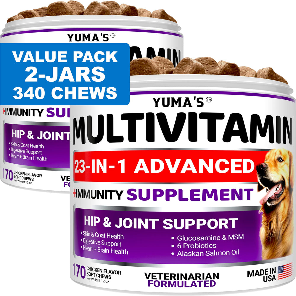 YUMA'S dog multivitamin chews on hand for easy daily wellness support.