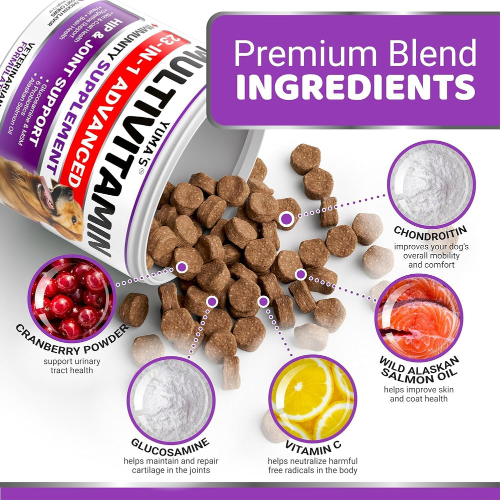 YUMA'S dog multivitamin glucosamine boost supports hip and joint comfort.