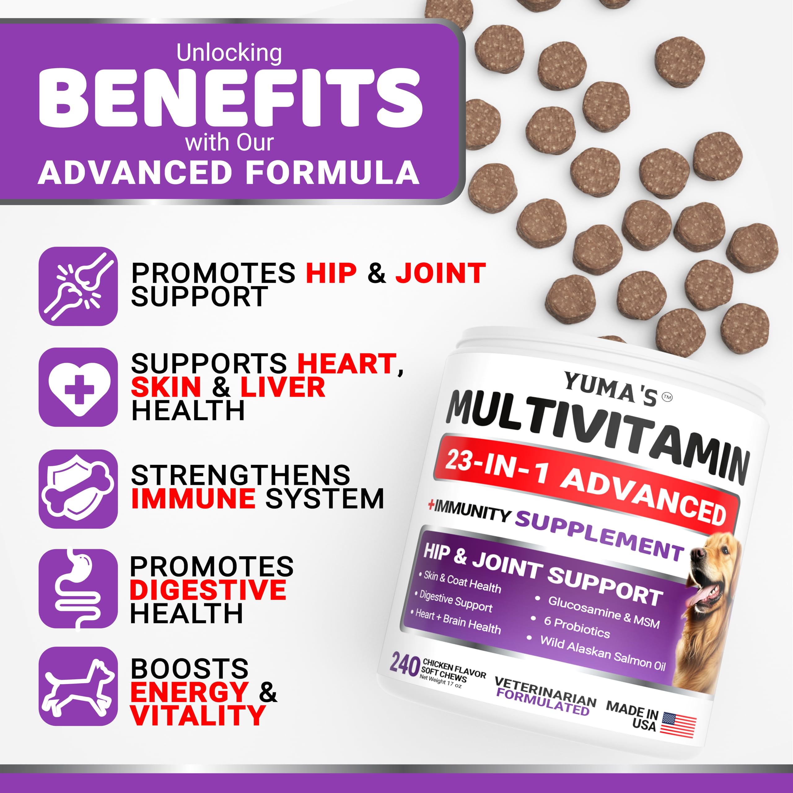 YUMA'S Dog Multivitamin ingredients graphic emphasizes glucosamine and probiotics for mobility and digestion