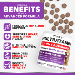 YUMA'S Dog Multivitamin ingredients graphic emphasizes glucosamine and probiotics for mobility and digestion