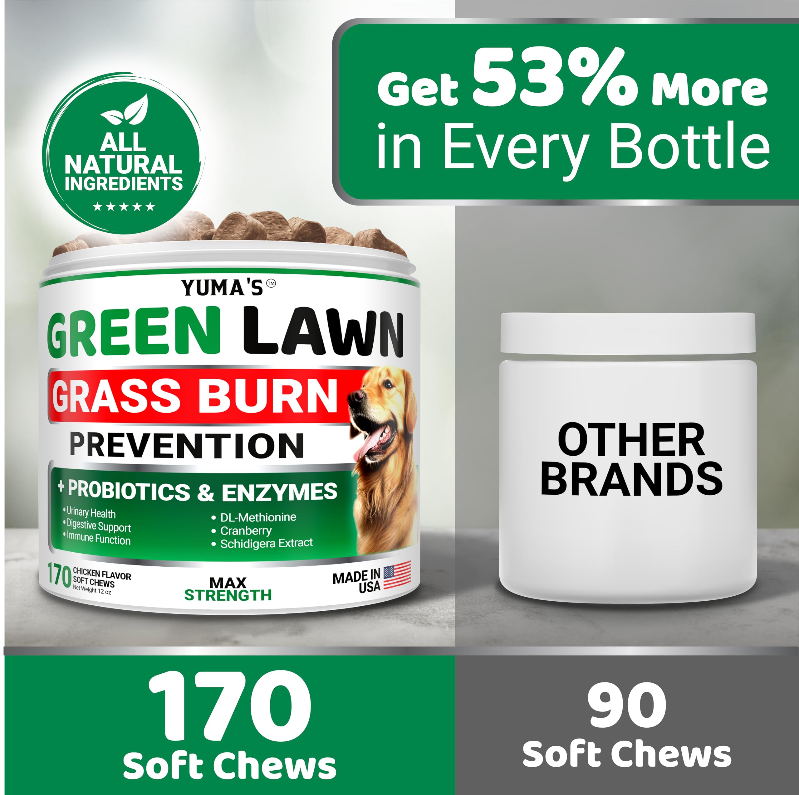 YUMA'S chews shown as dog grass saver reducing urine burn spots.