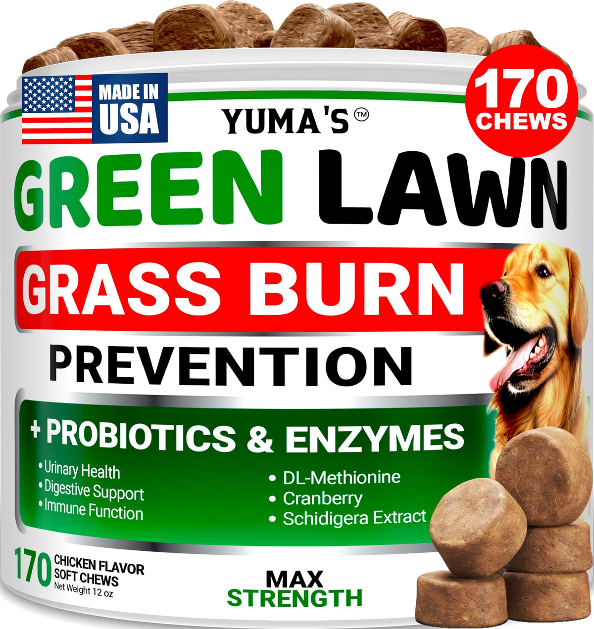 YUMA'S dog urine neutralizer chews tub promotes lawn health and digestion.