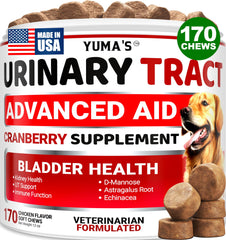 YUMA'S Dog UTI Treatment bottle showing 170 treats for urinary support
