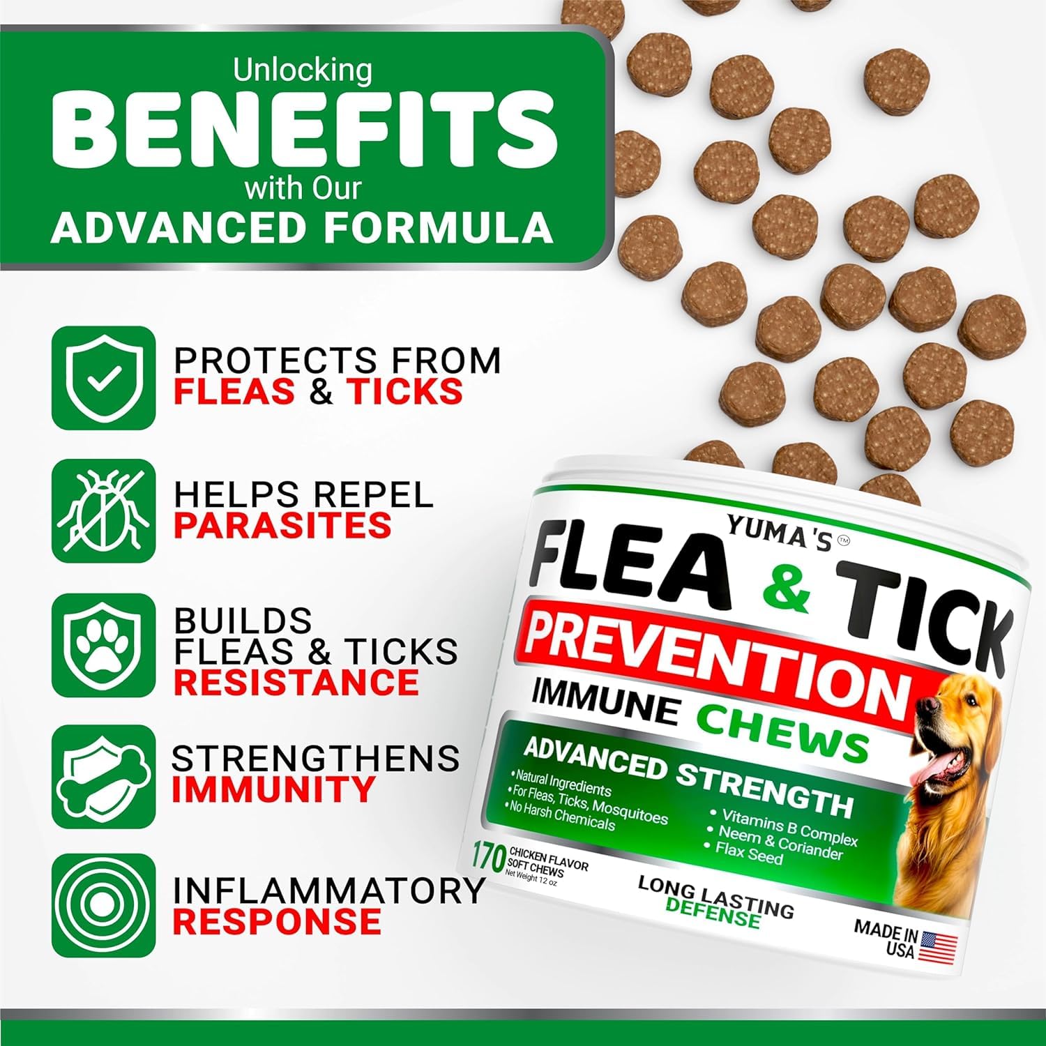 Yumas flea-tick chews bottle closeup; easy daily administration.