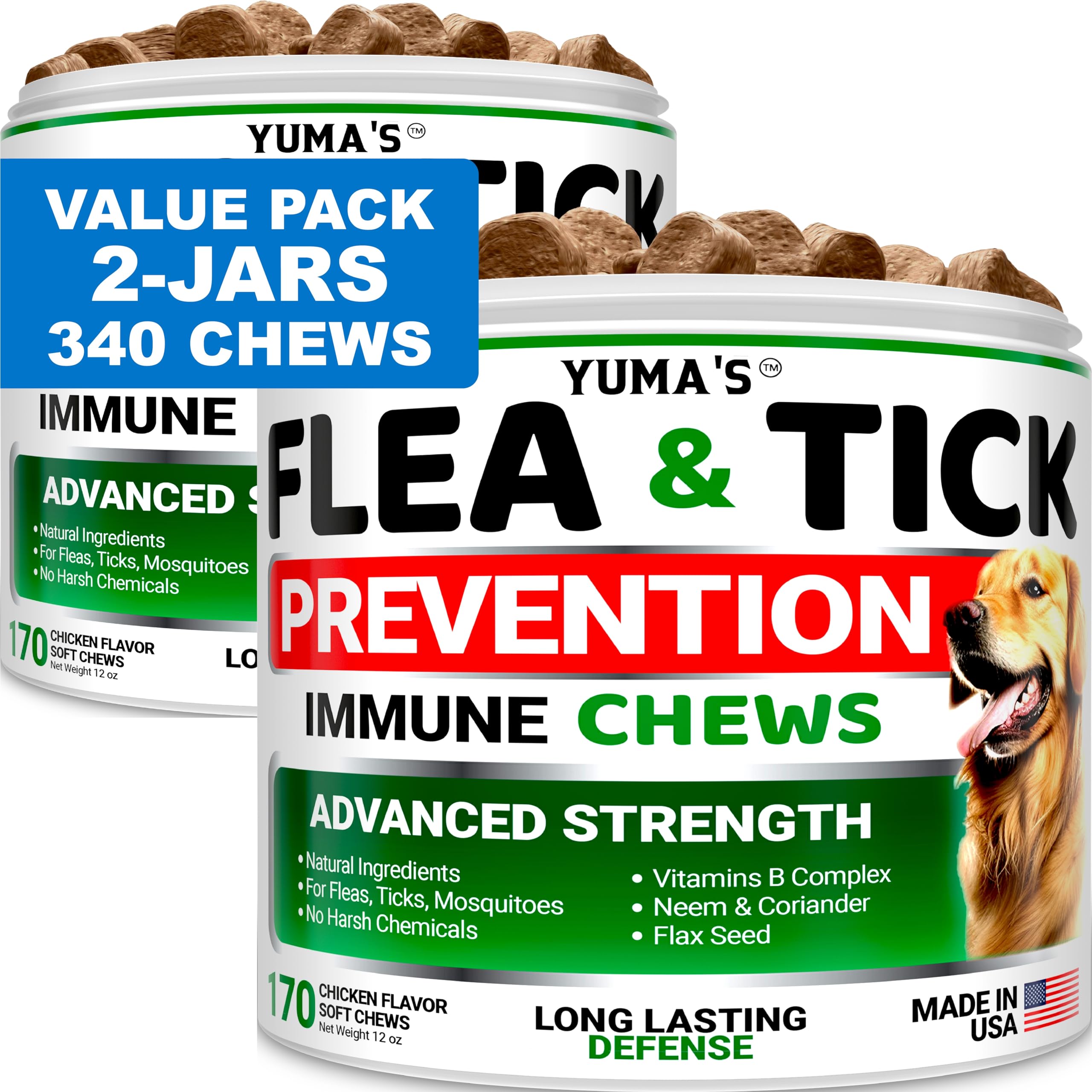 Yumas flea-tick chews pack shot; two-pack for daily pest defense.