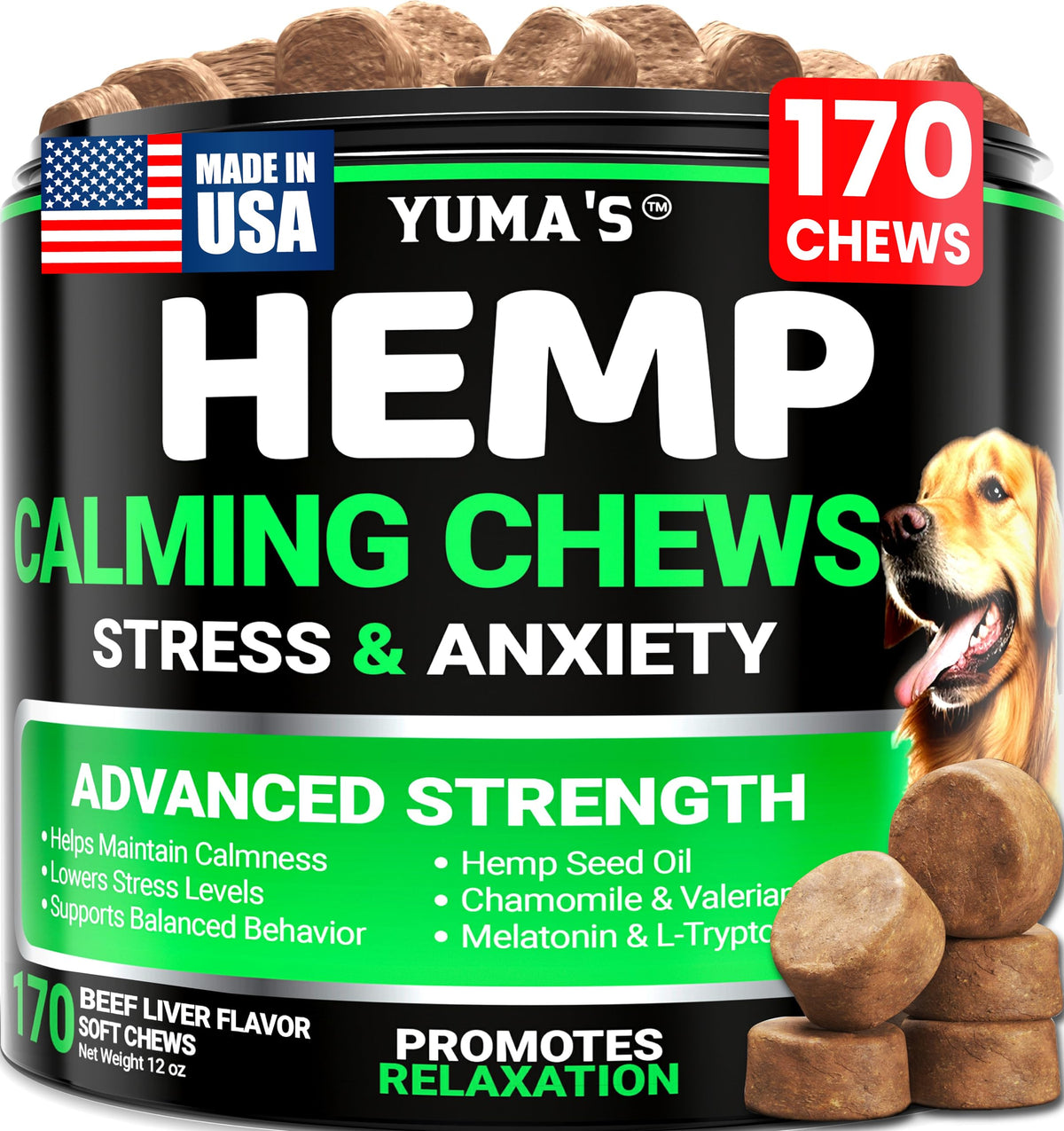 YUMA'S Hemp Calming Chews bottle front view for dog anxiety support.