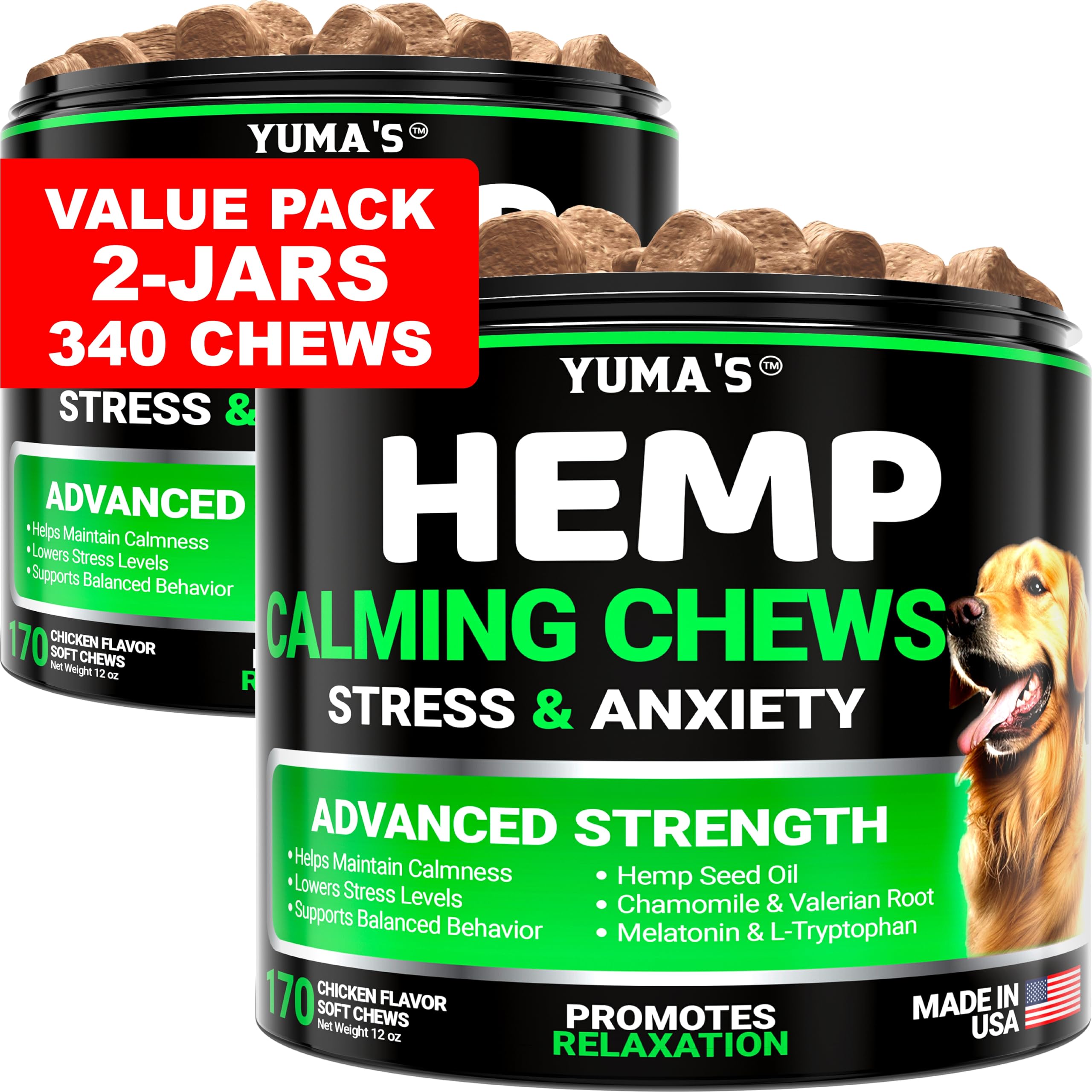 YUMA'S hemp calming chews bottle close-up showing calming ingredients for anxious dogs