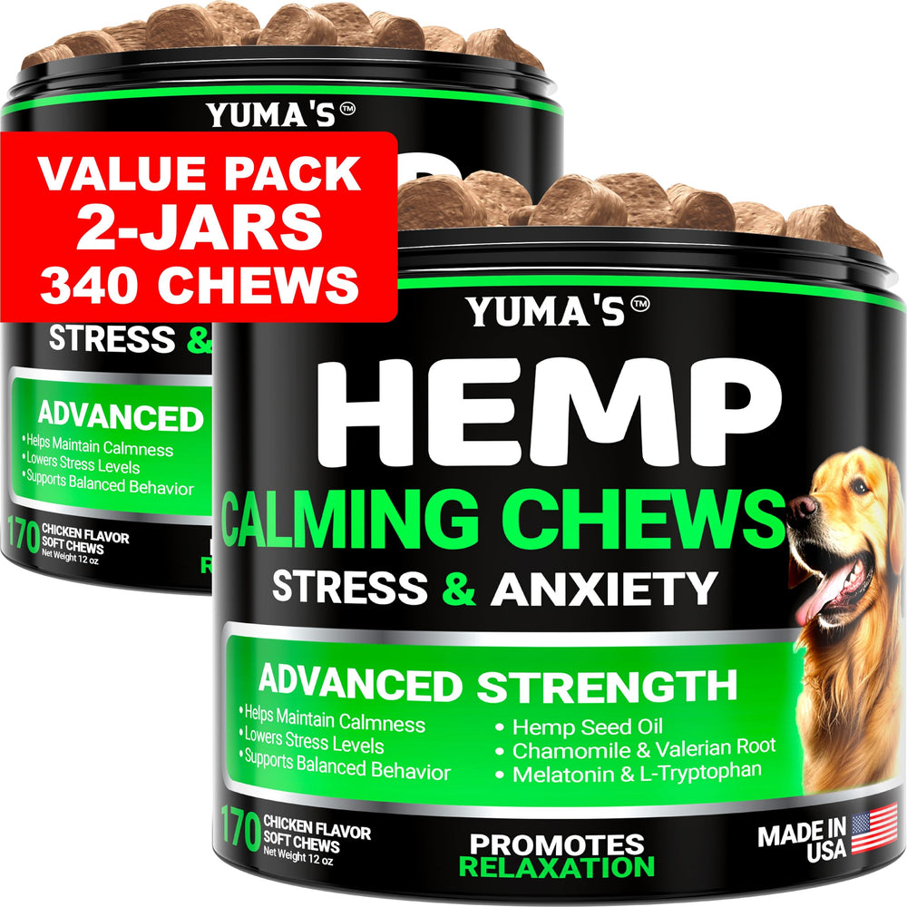 YUMA'S hemp calming chews bottle close-up showing calming ingredients for anxious dogs