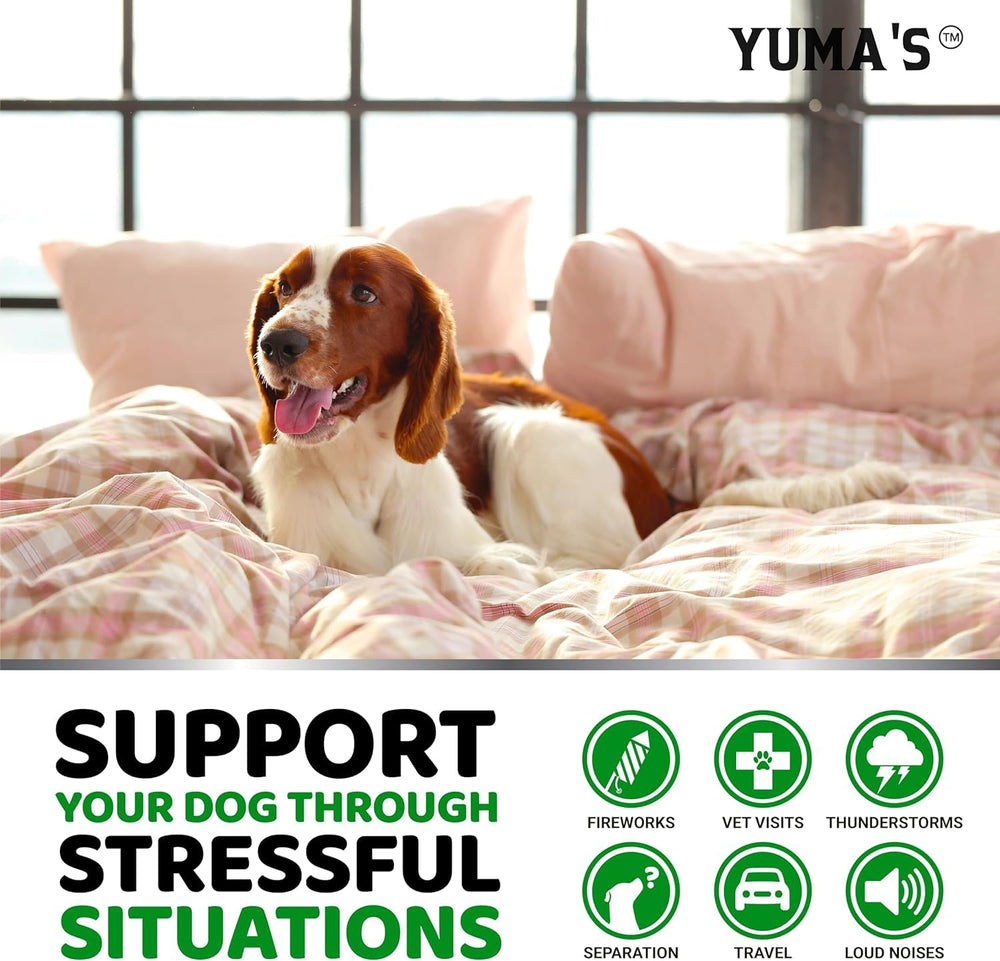 YUMA'S dog package front shows veterinarian-formulated blend for safer anxiety support