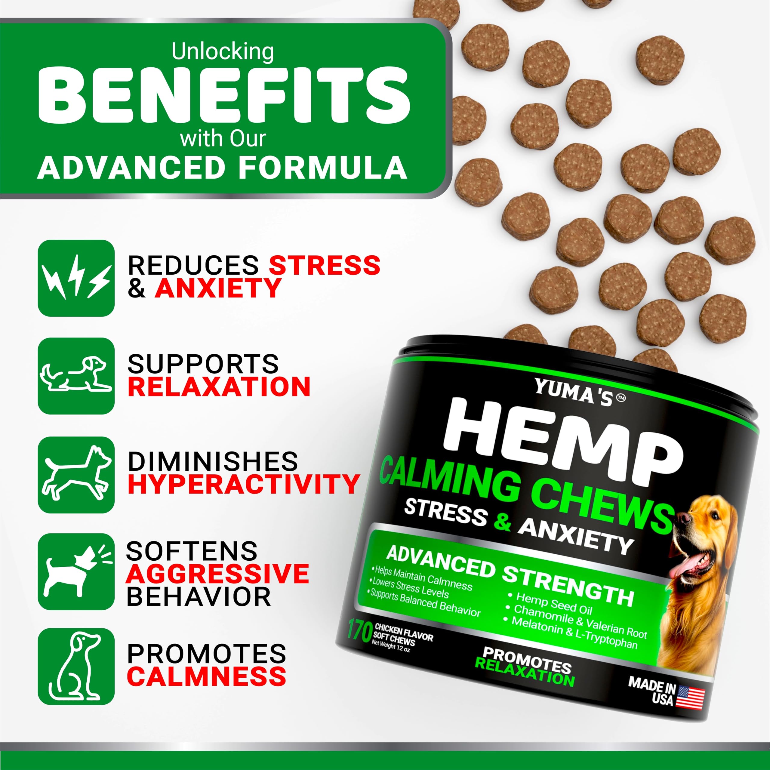 YUMA'S calming chews packaging front signaling vet-formulated relief