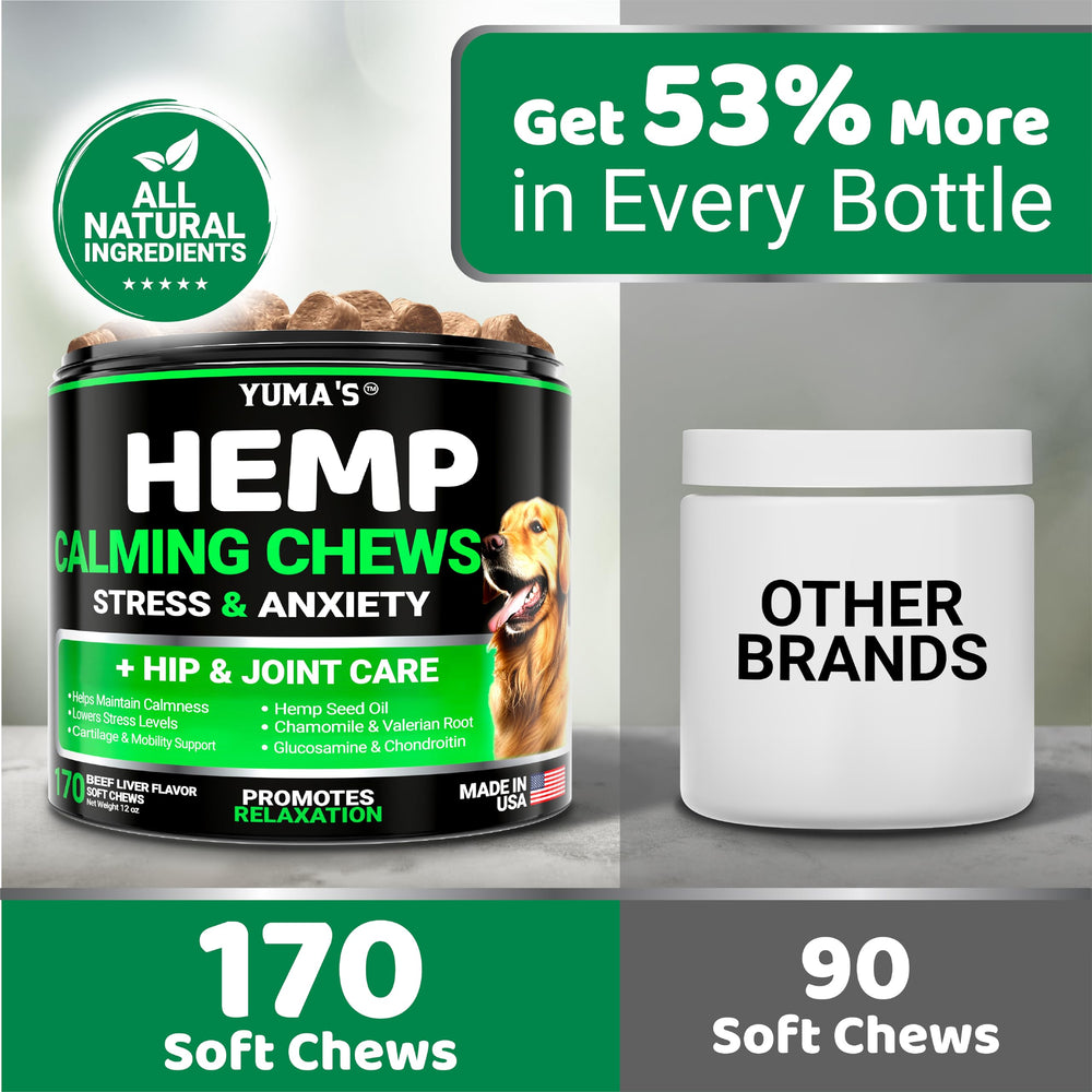 YUMA'S Hemp Calming Chews label highlights veterinarian formulation and USA manufacturing.