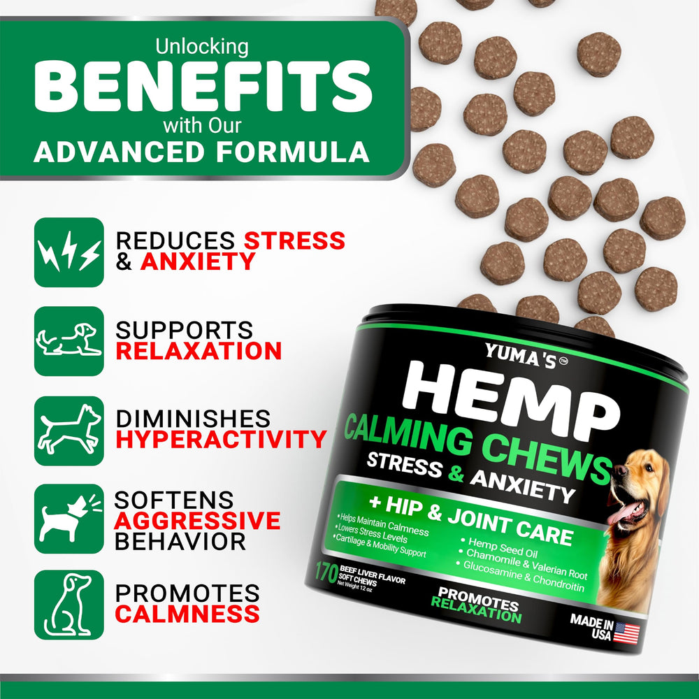 YUMA'S Hemp Calming Chews close-up treats with beef flavor, highly palatable.