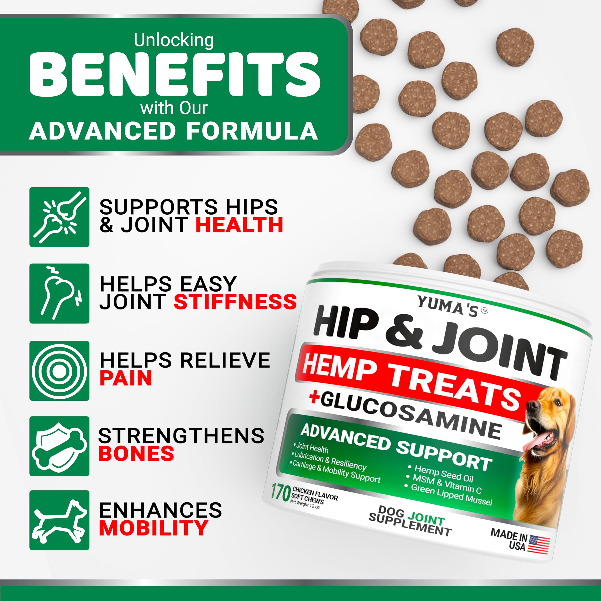 YUMA'S hip joint chews close-up texture highlights palatability and easy daily use.
