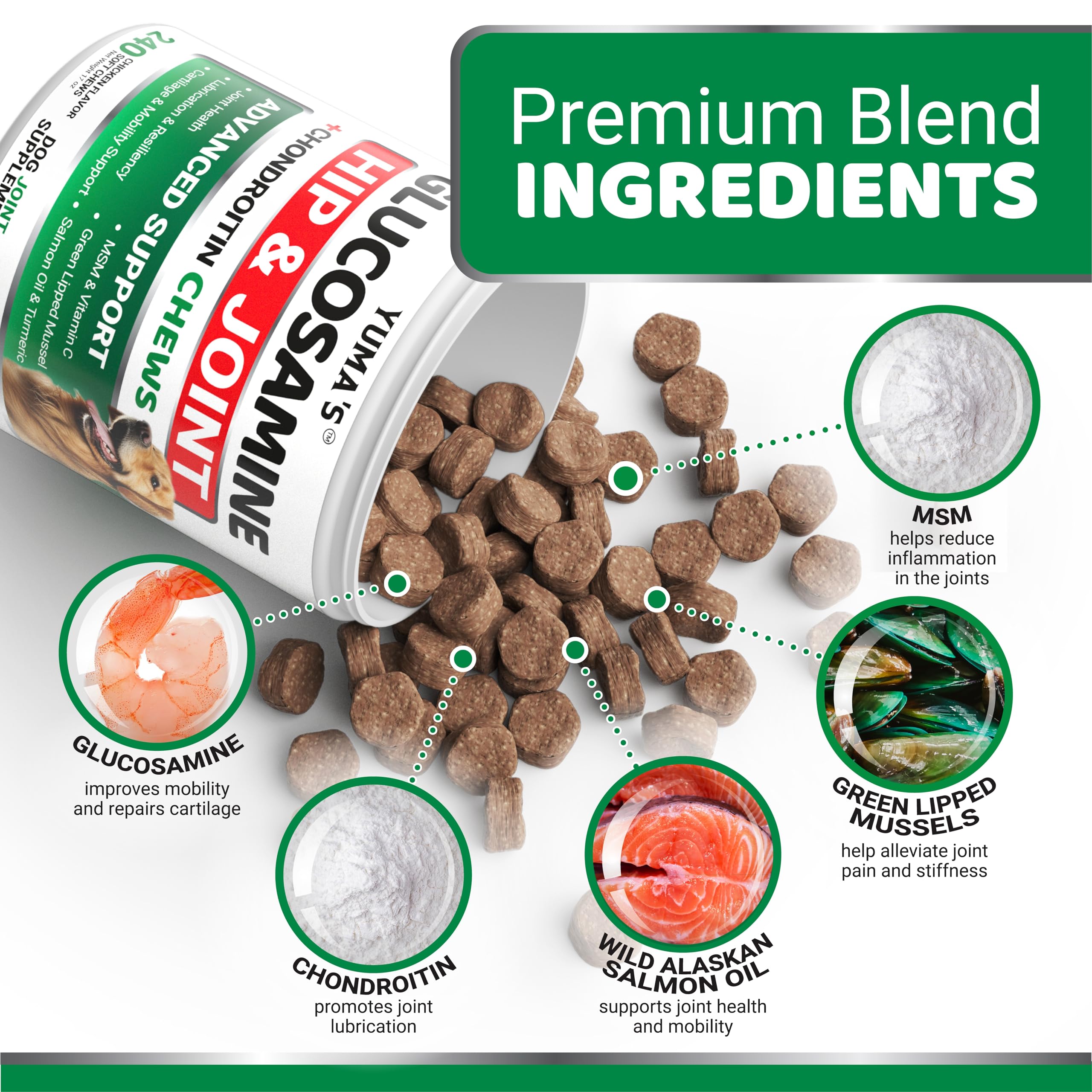 YUMA'S large and small breed mobility chews for active dogs in daily use.