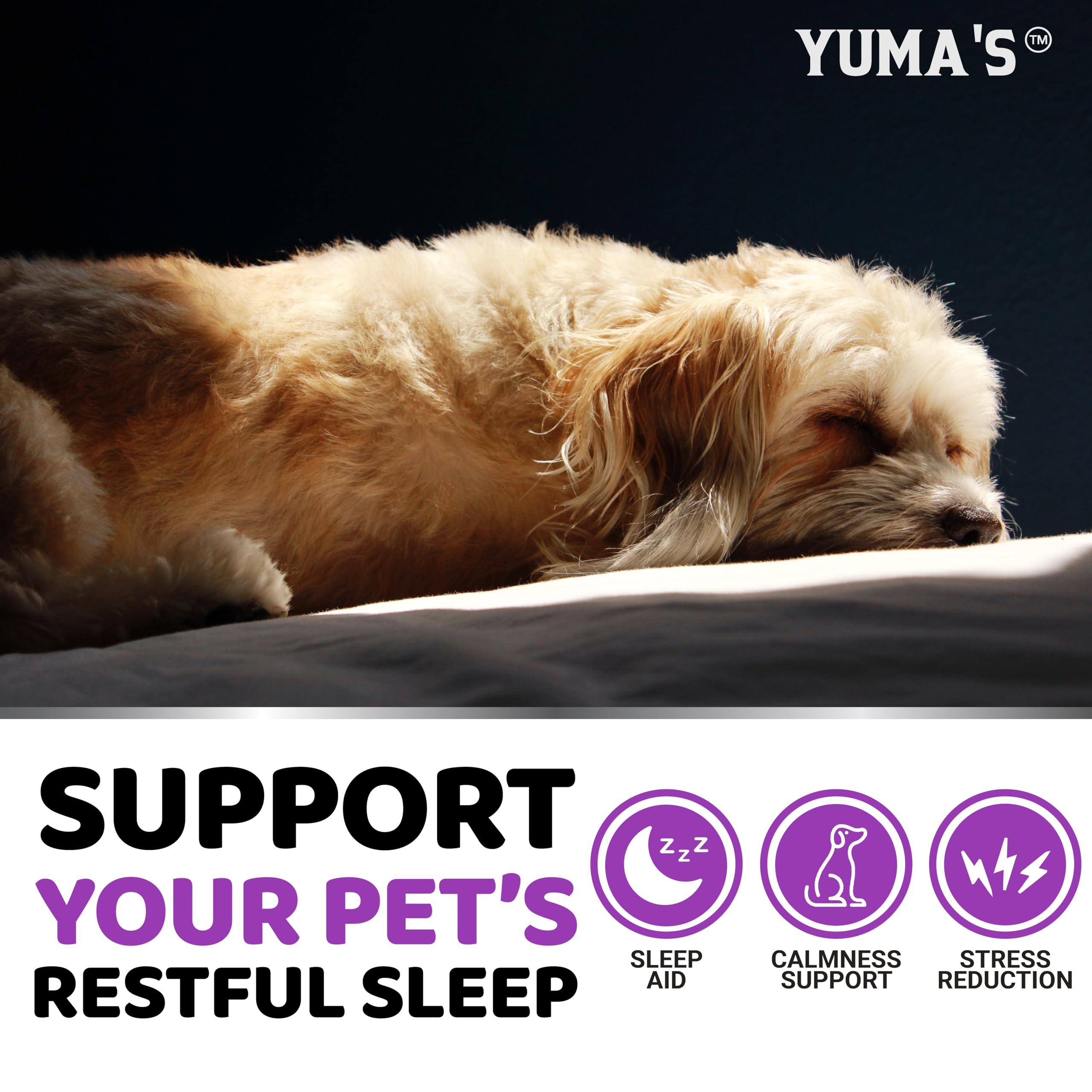 YUMA'S Melatonin for Dogs chews with paw-print backdrop for all dog sizes.