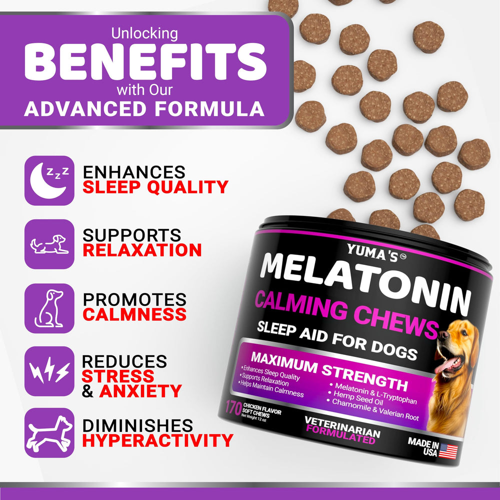 YUMA'S Melatonin for Dogs chews on a serving dish indicating stress relief.