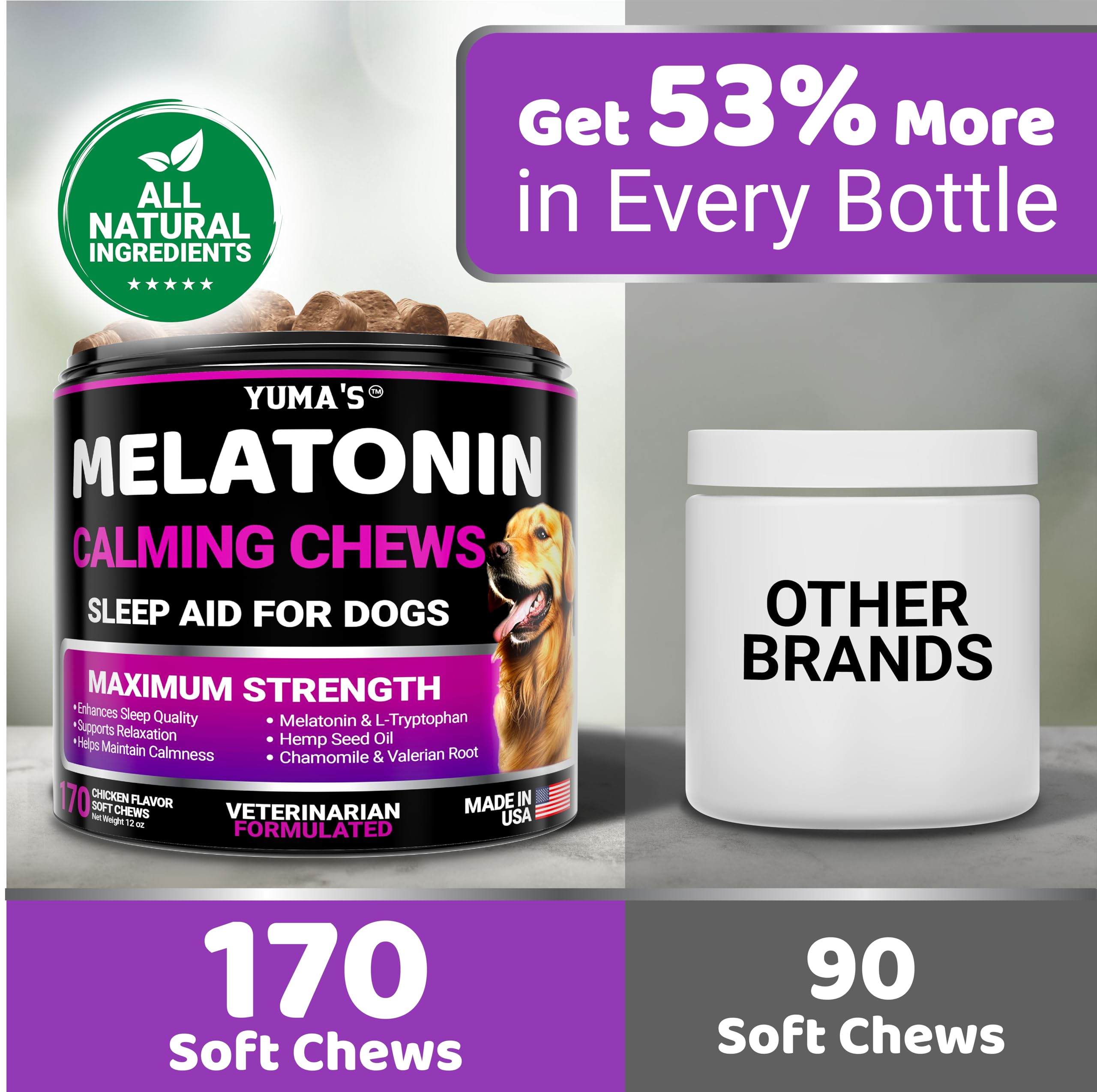 YUMA'S Melatonin for Dogs shown near a thunderstorm scene for calm during storms.