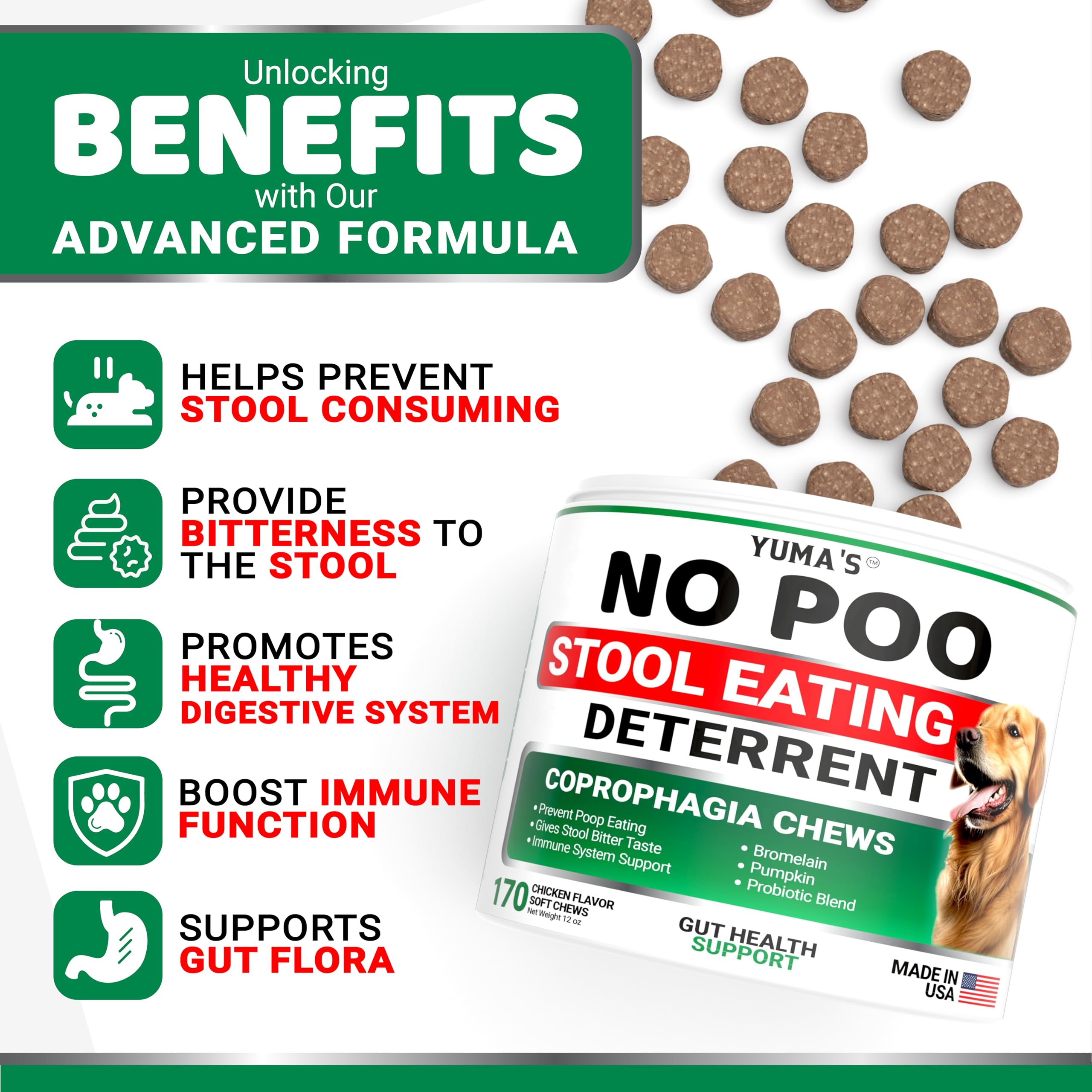 YUMA'S No Poo Chews dog chews close-up emphasizes tasty, easy-to-administer supplement.