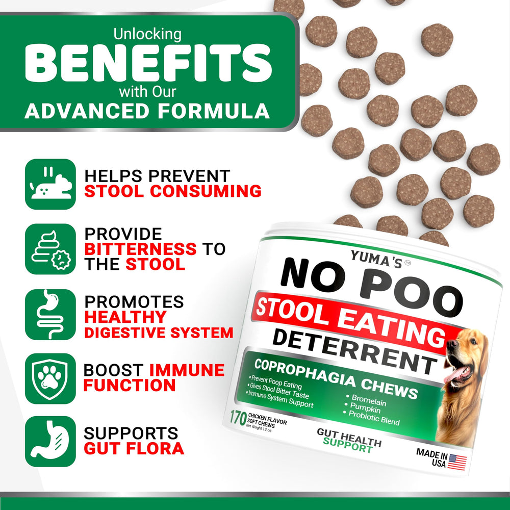 YUMA'S No Poo Chews dog chews close-up emphasizes tasty, easy-to-administer supplement.