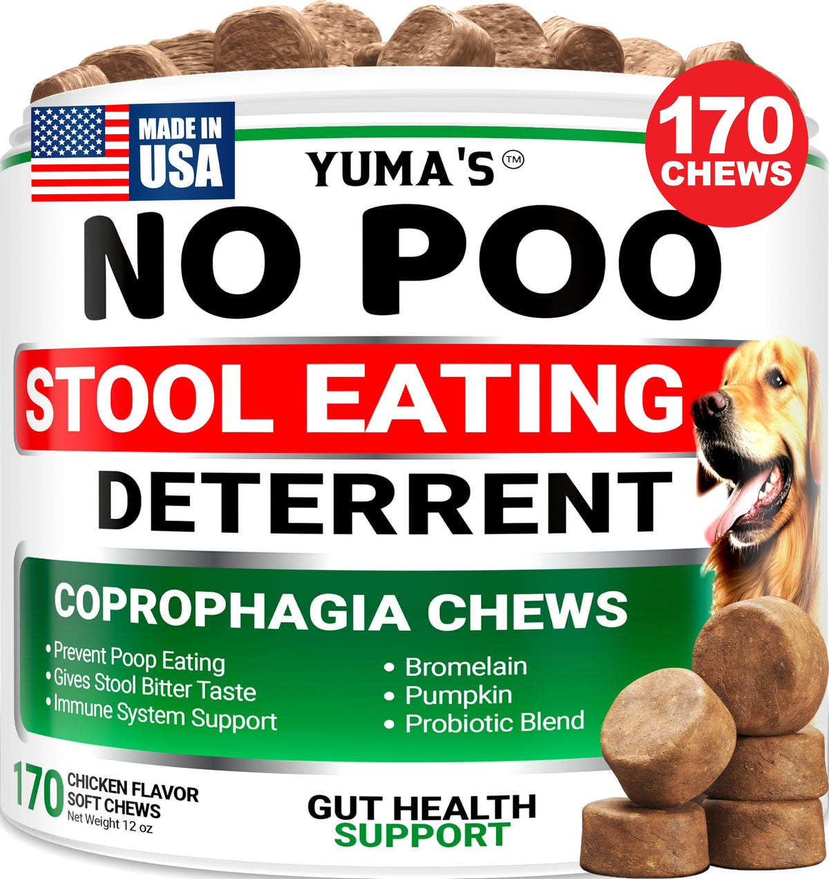 YUMA'S No Poo Chews bottle label close-up showing stool-deterrent benefits.