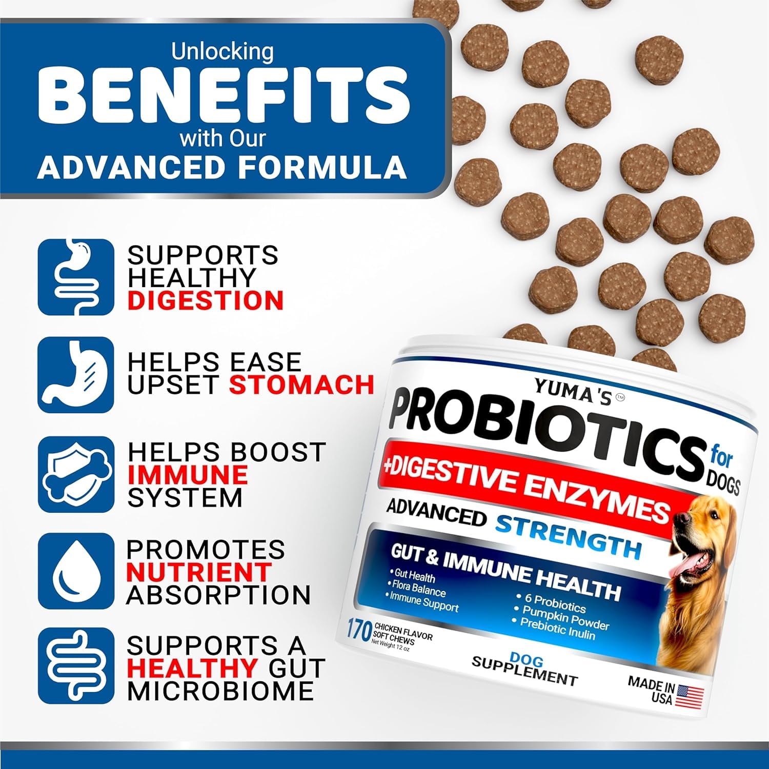 YUMA'S dog probiotic chews close-up highlighting tasty texture and digestive benefits