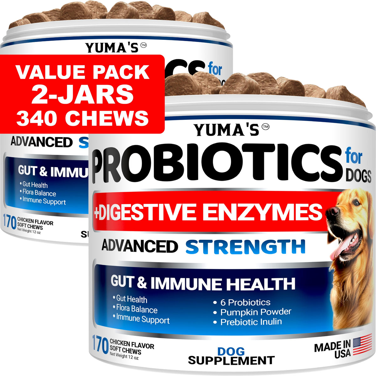 YUMA'S Probiotics for Dogs pack shot highlighting chews for gut support
