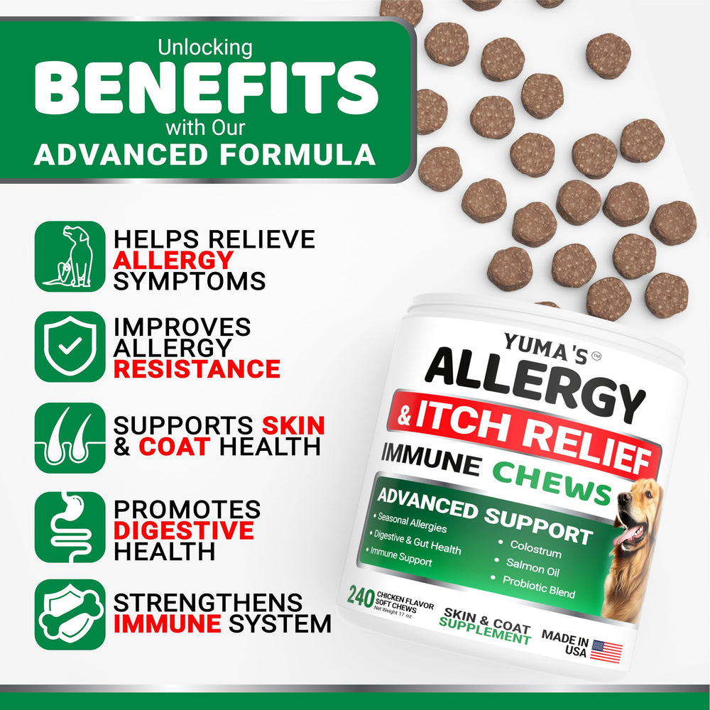 YUMA'S Dog Allergy Relief Chews closeup ingredients reveal omega-3-rich fish oil benefits.