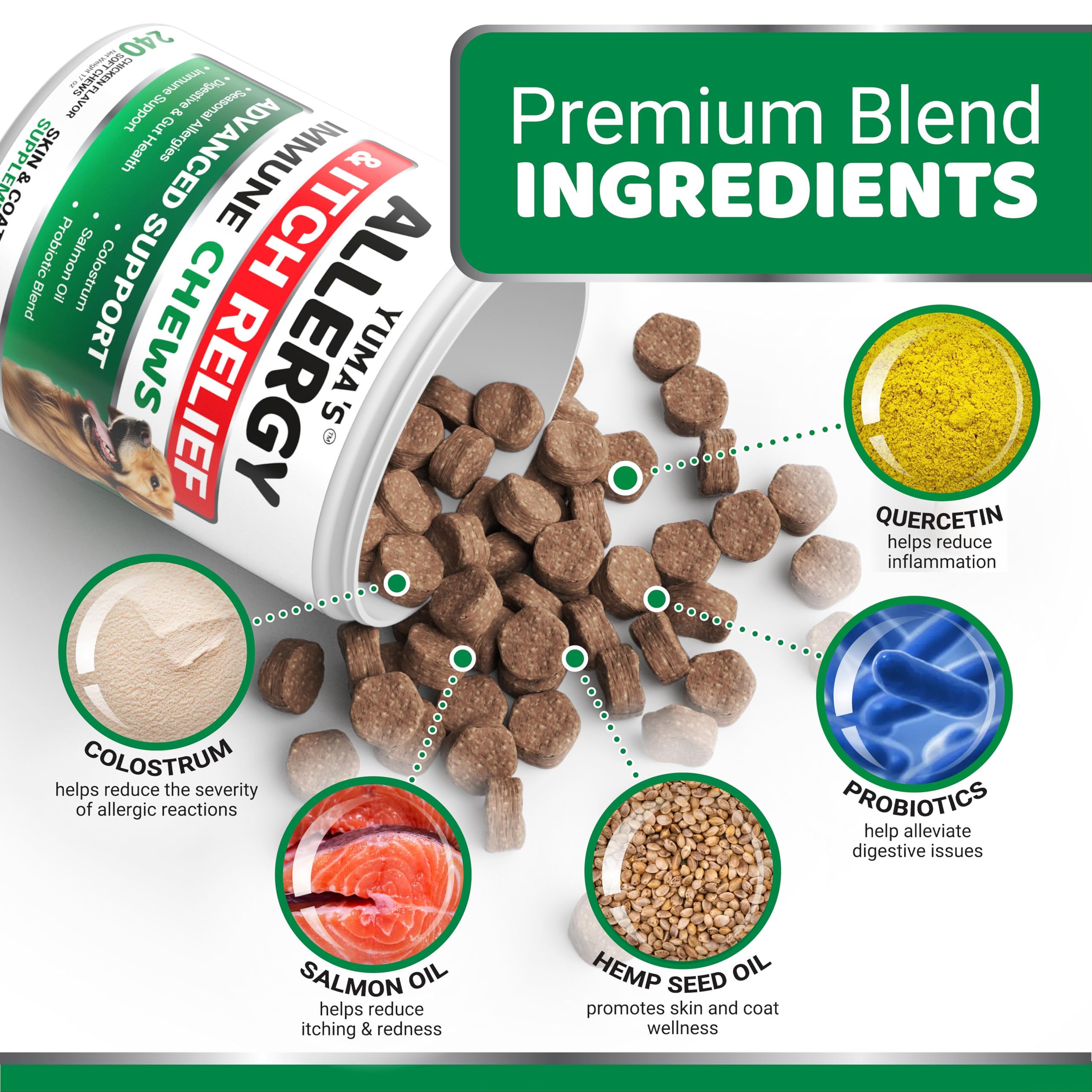 YUMA'S Dog Allergy Relief Chews dog eating demonstrates real-world use for itch relief.