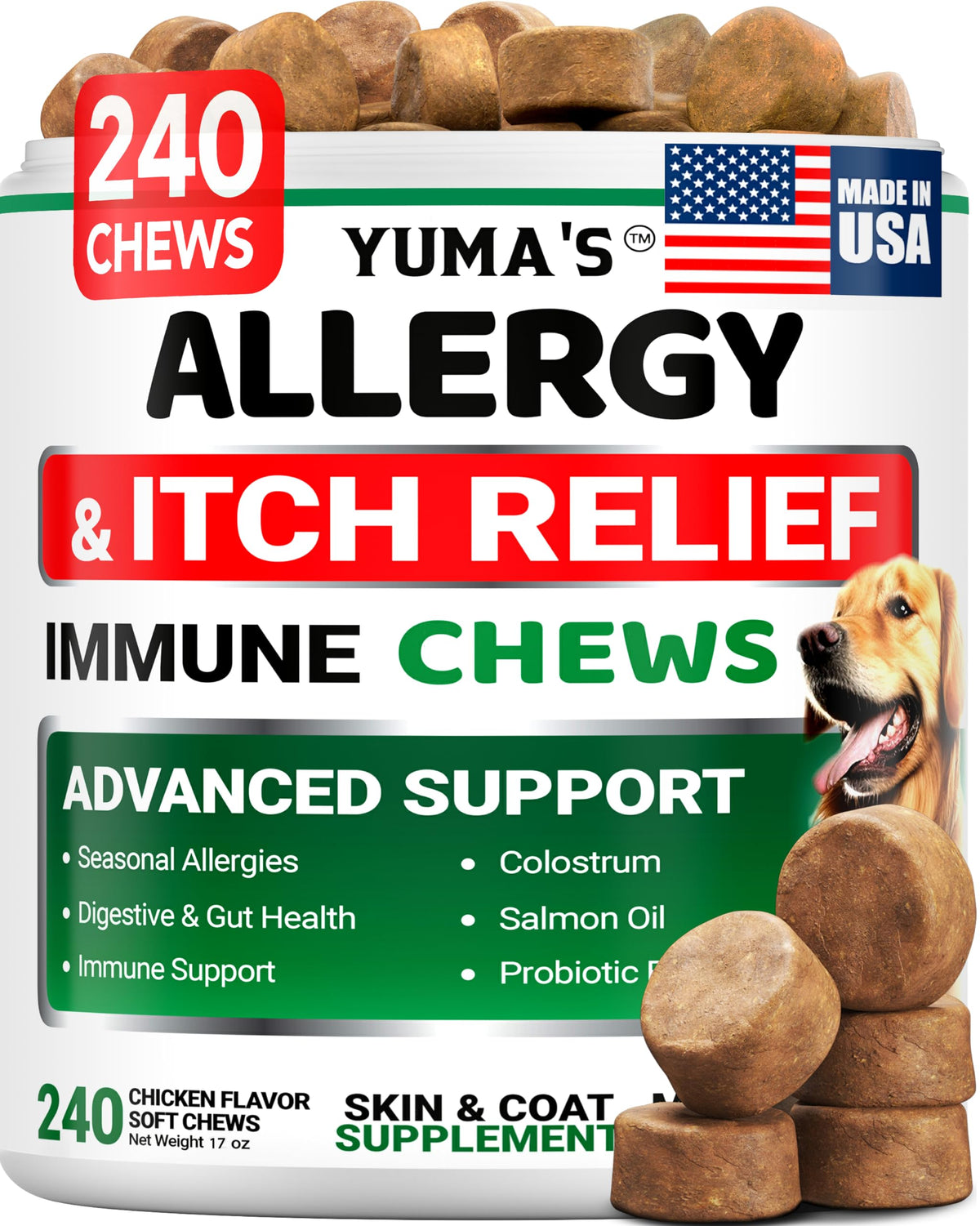YUMA'S Dog Allergy Relief Chews bottle promotes immune support and itch relief for dogs.
