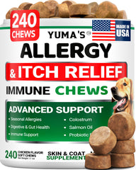 YUMA'S Dog Allergy Relief Chews bottle promotes immune support and itch relief for dogs.