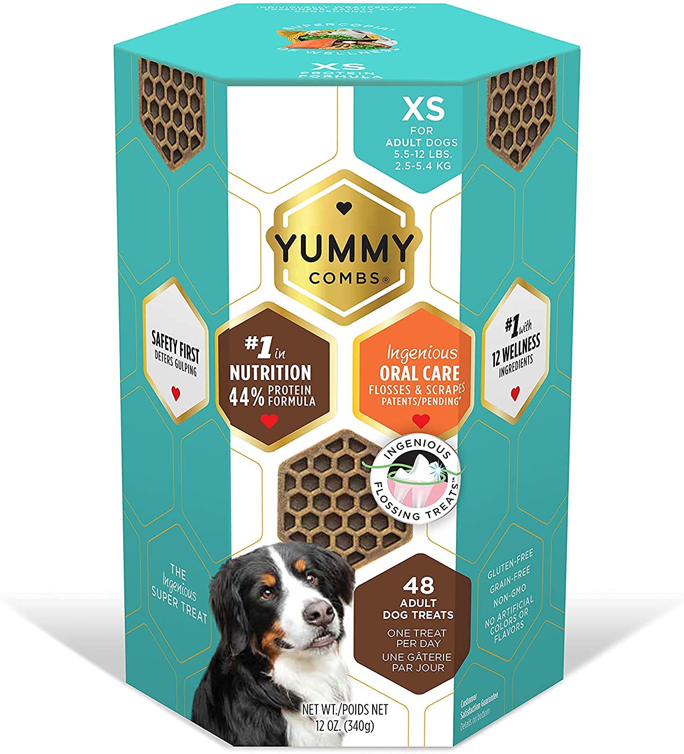 Yummy Combs dog dental treat extra-small packaging offers convenient daily chewing.