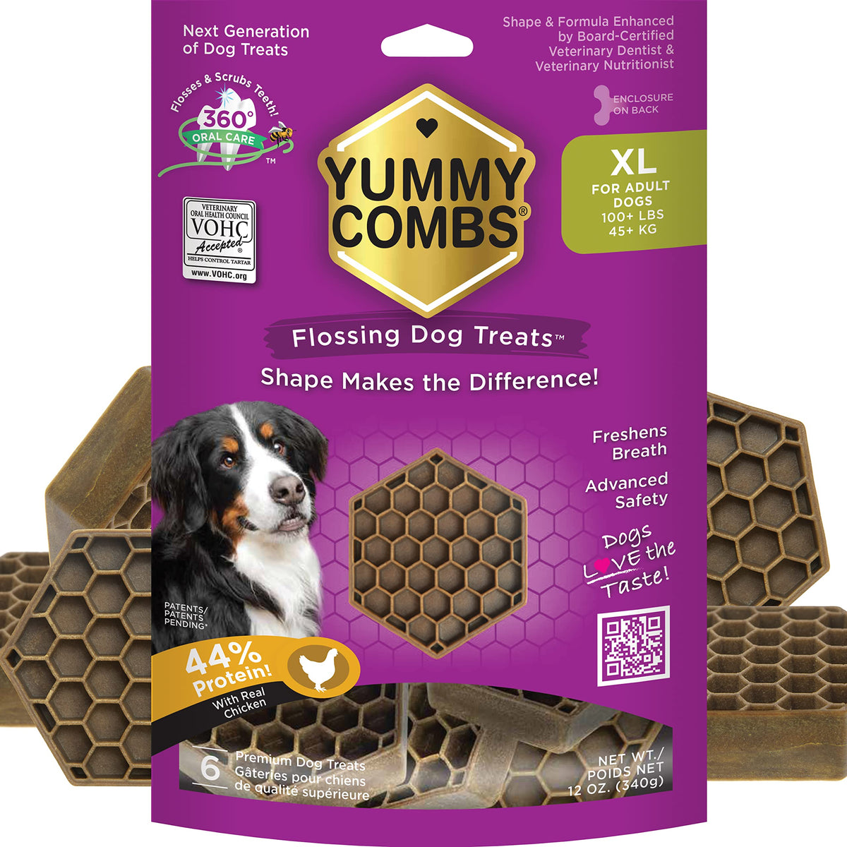 Yummy Combs dog dental treats 360 cleaning demonstrates full-mouth flossing for cleaner teeth