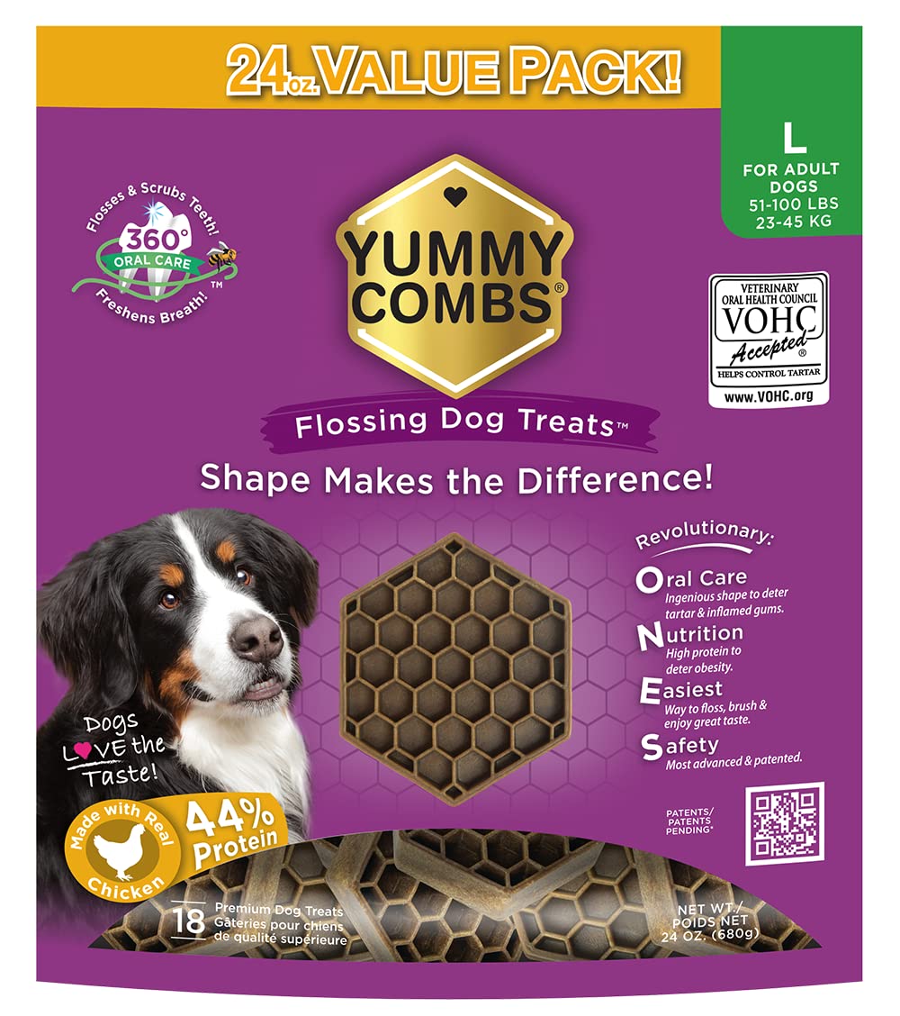 Yummy Combs dog dental treats bag showing size and packaging for convenient home use