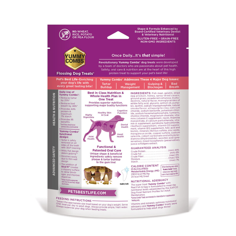 Yummy Combs nutrition label image highlights grain-free, non-GMO, protein-rich formula.