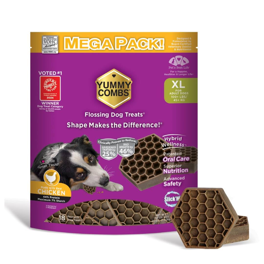 Yummy Combs honeycomb-shape dog treats deliver 360-degree cleaning.