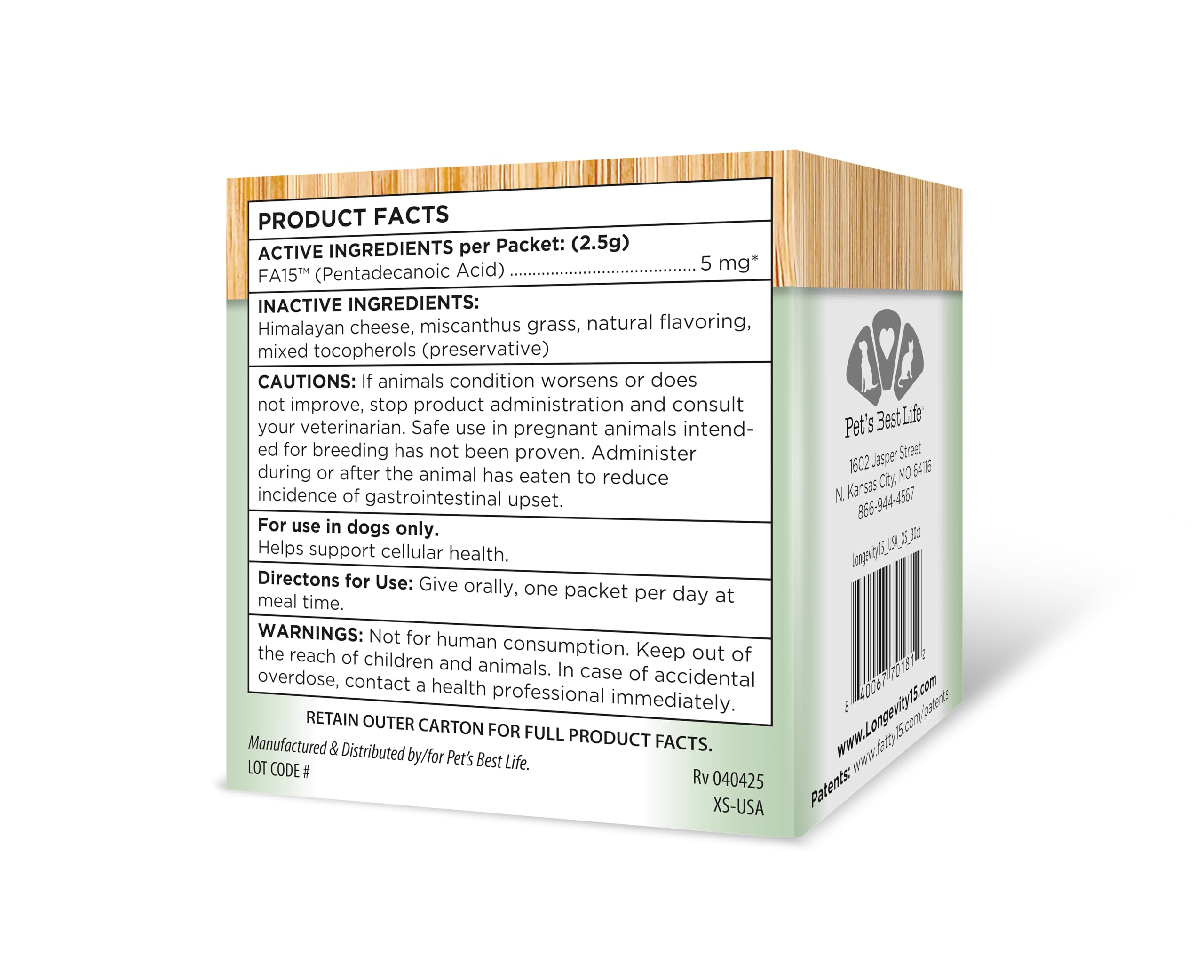 Yummy Combs Longevity15-dispensed capsules beside leash, reinforcing routine-friendly wellness support.