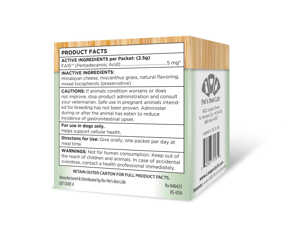 Yummy Combs Longevity15-dispensed capsules beside leash, reinforcing routine-friendly wellness support.