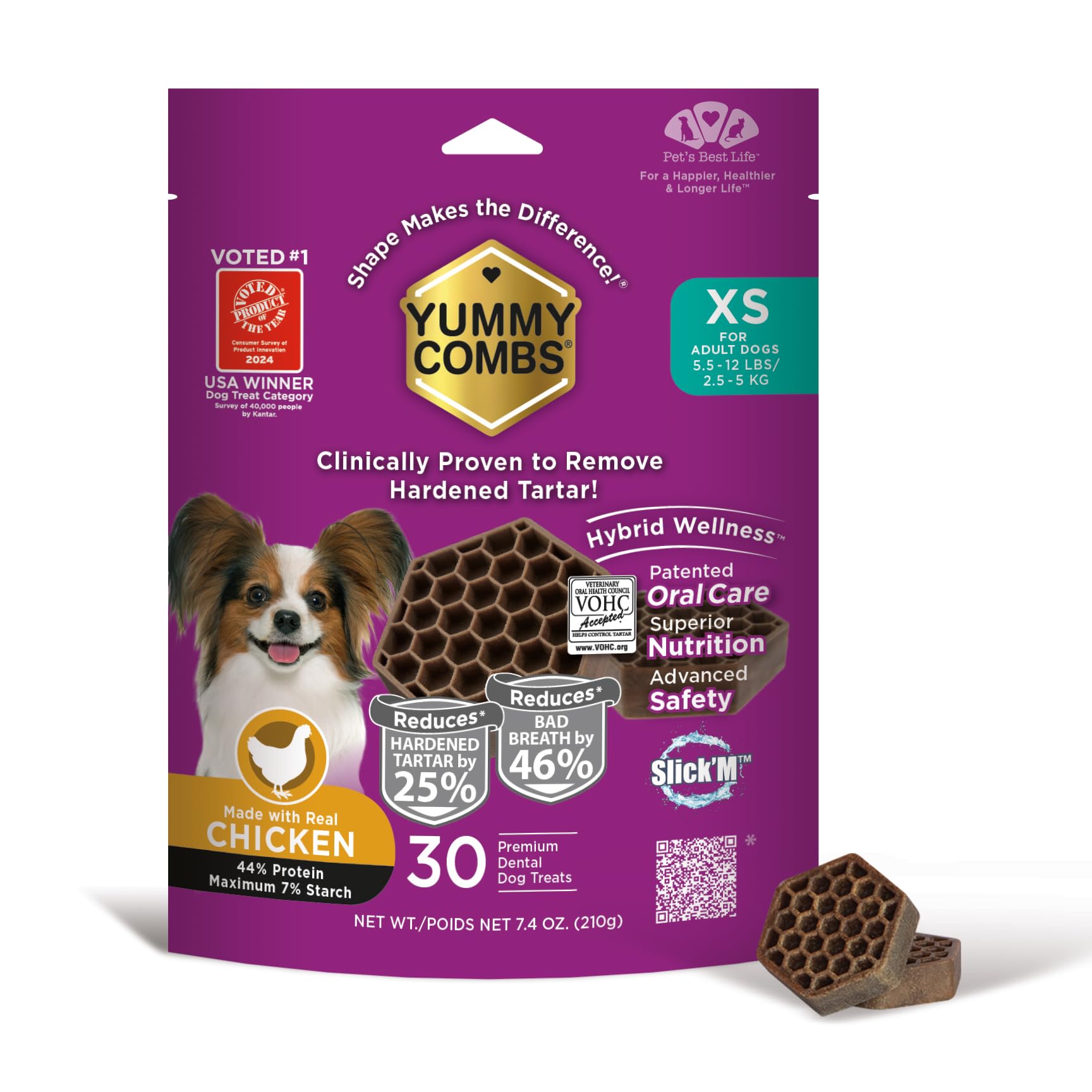 Yummy Combs packaging front showing VOHC-approved dog dental treats for daily care