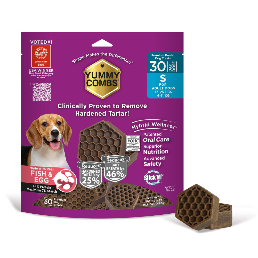 Yummy Combs packaging front promotes simple daily dental care for small dogs.