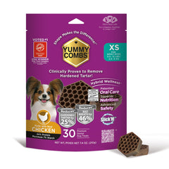 Yummy Combs packaging front showing VOHC-approved dog dental treats for daily care