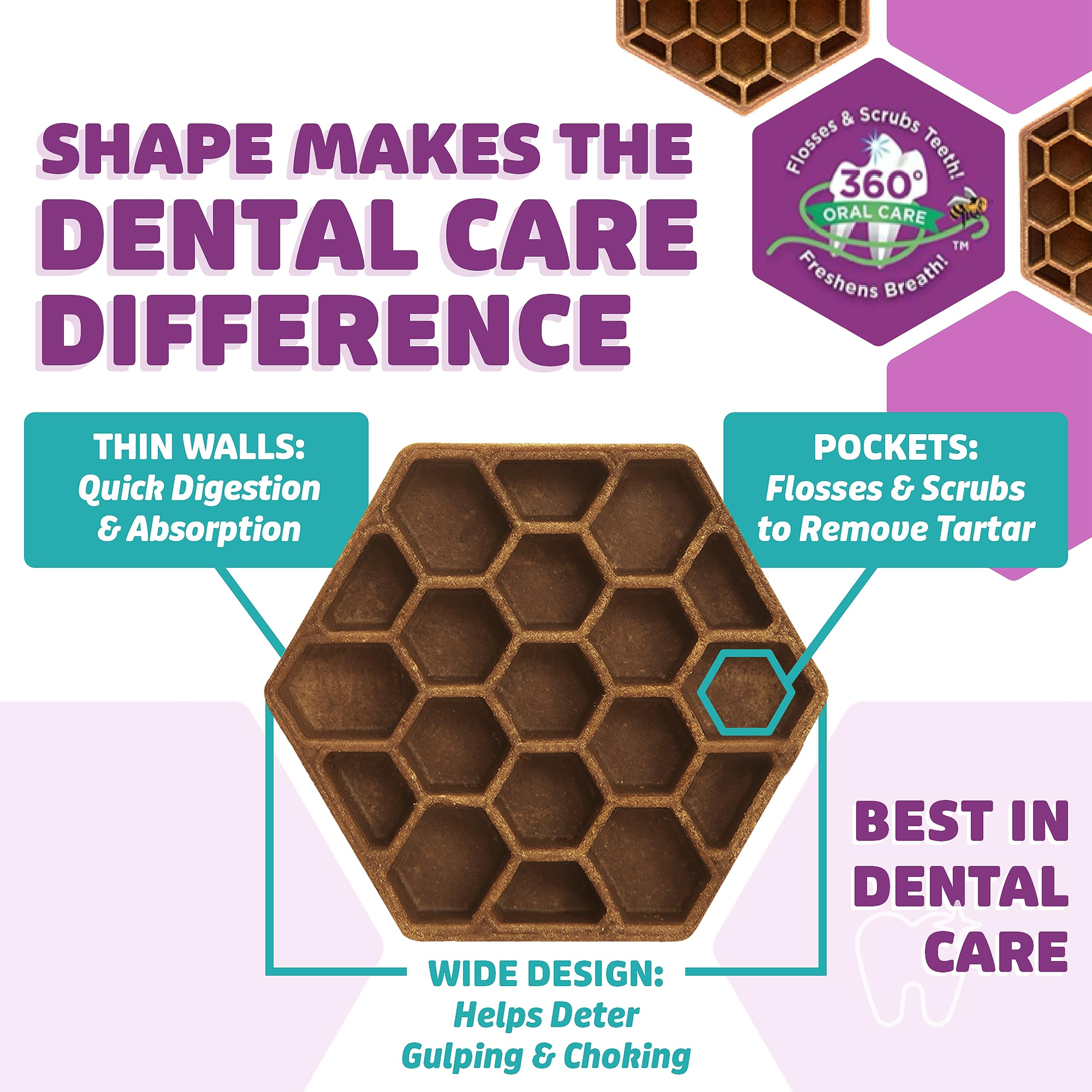 Yummy Combs vet-tested safety design emphasizes gulp-deterrent shape for safer chews