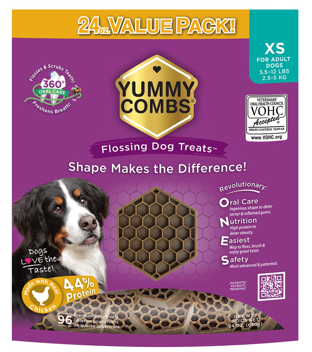 Yummy Combs VOHC-approved packaging shows trusted dental support for dogs.