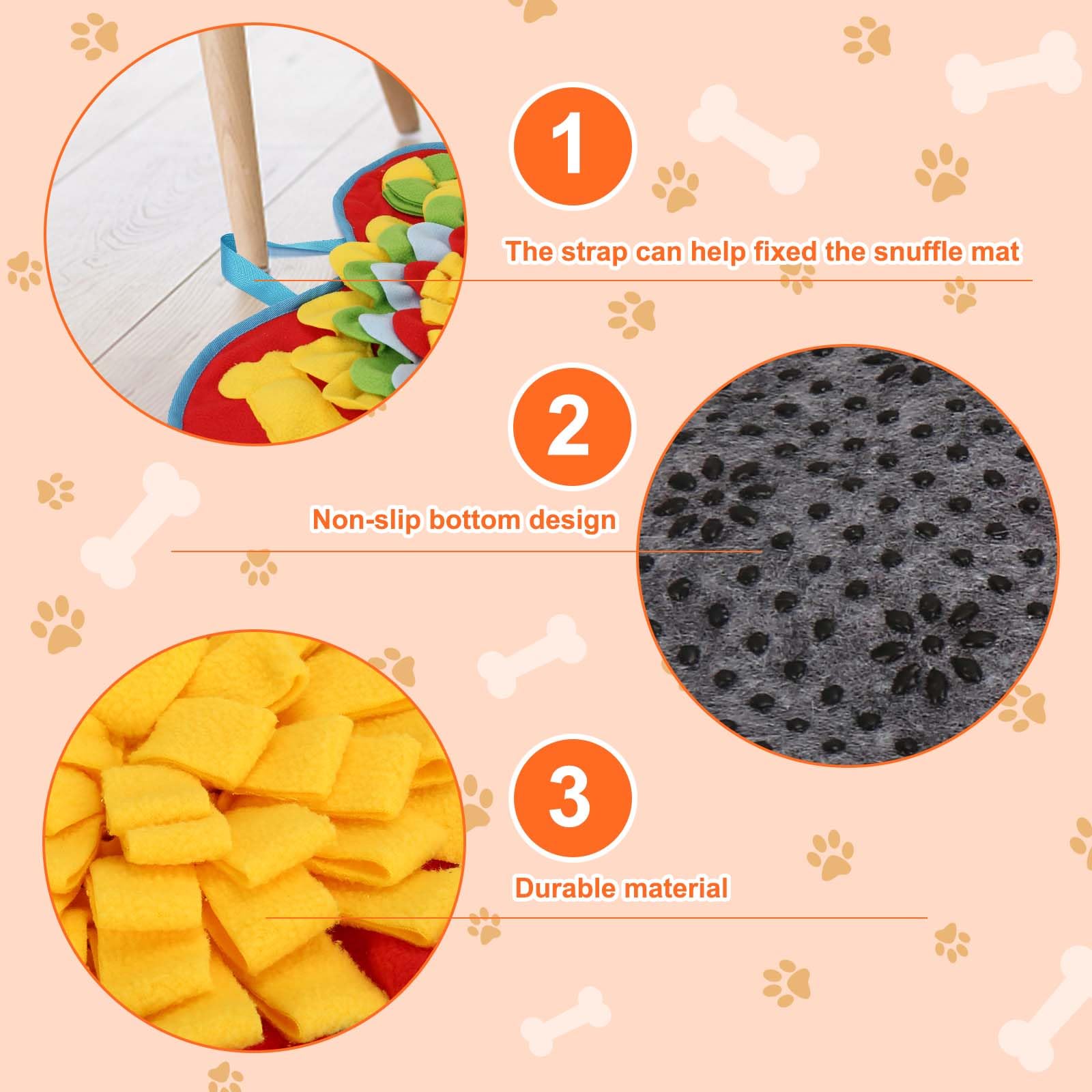 Yummy Sam Snuffle Mat anti-slip-bottom keeps mat steady during play.